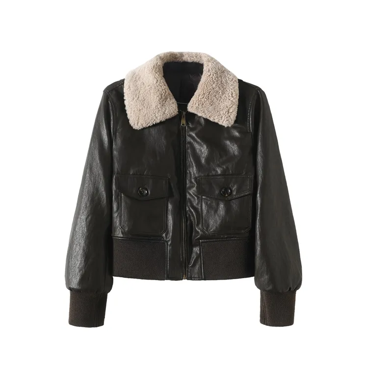 2025冬明星同款复古美式绵羊皮短款毛领皮衣外套LM