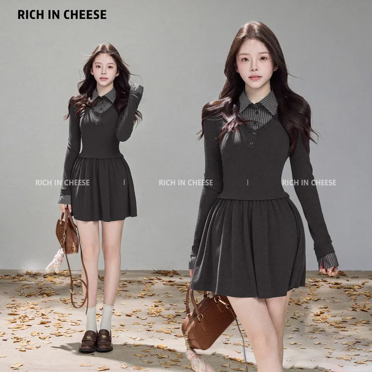 金川川 私立女高【少量现货】 韩系秋冬学院风针织假两件收腰连衣裙