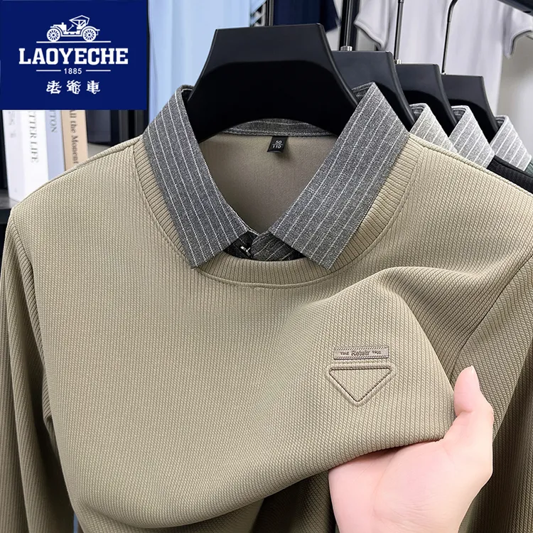 老爷车春秋季新款男士长袖POLO衫宽松休闲套头假两件时尚上衣百搭