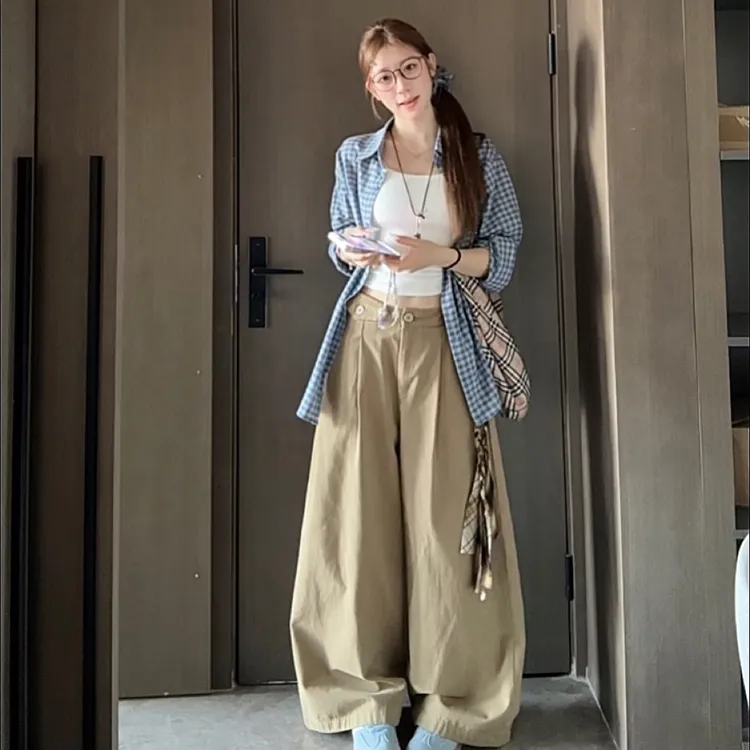 2025早秋新款阔腿裤女美式抽绳简约百搭休闲裤