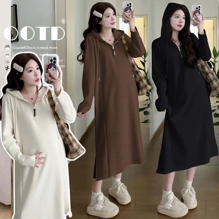 [葡萄]百搭不挑～孕妇秋装加厚宽松大码连帽仿羊绒呢卫衣裙#1231