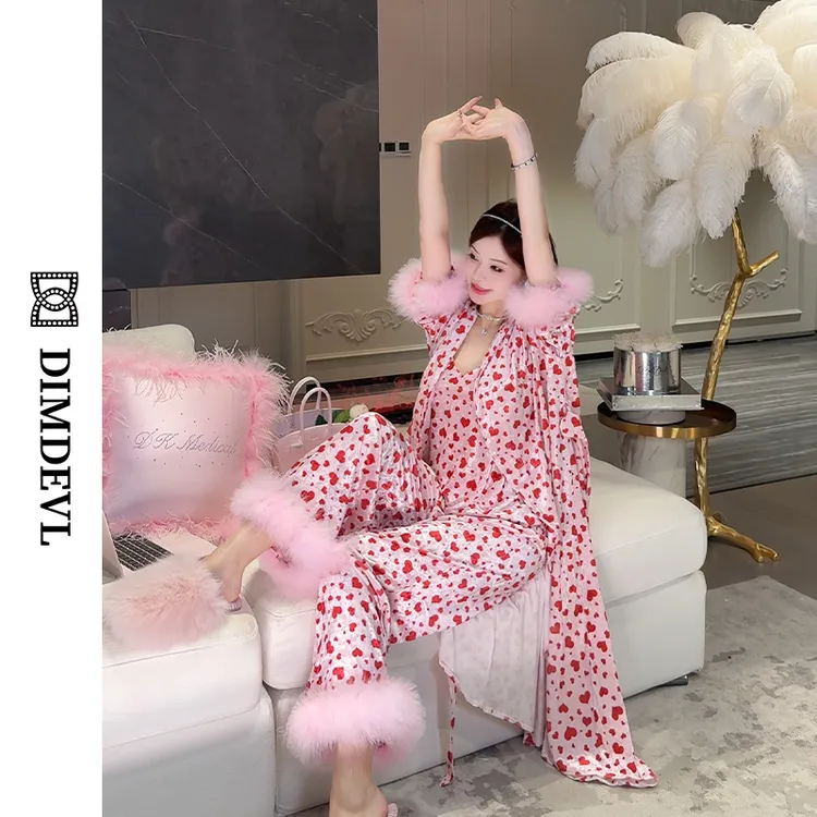DIMDEVL/汀黛爱心毛毛奢华高级金钻丝绒吊带秋冬睡袍晨袍家居服套