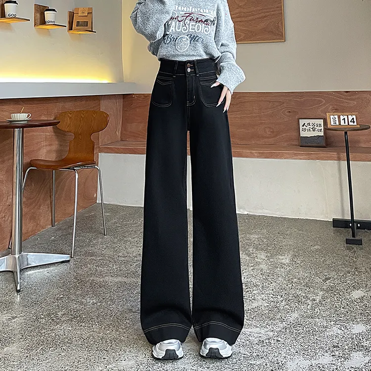 浅蓝早春高腰阔腿牛仔裤女百搭宽松显瘦弹力阔脚拖地长裤马蹄裤子