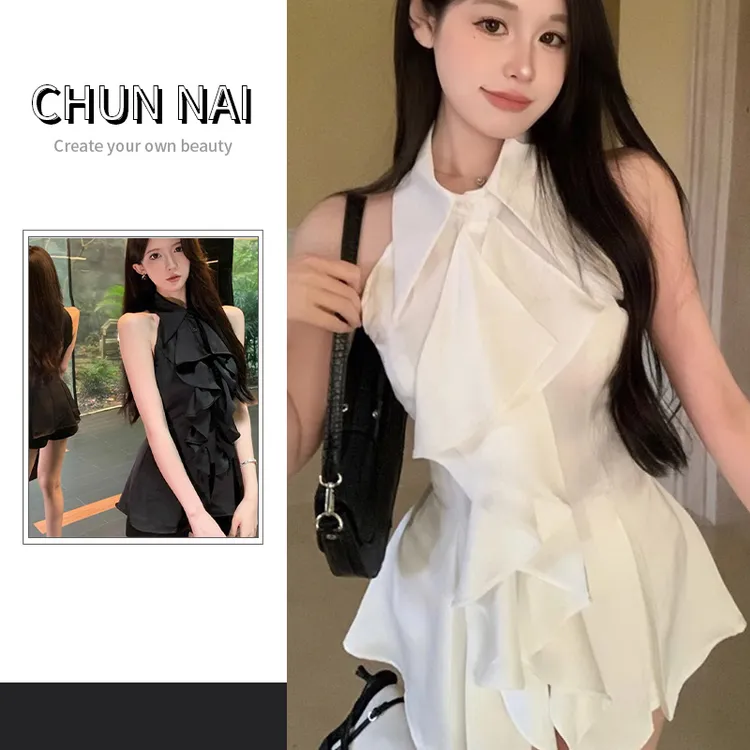 港风辣妹无袖上衣法式荷叶边衬衫白色气质小众显瘦中长款夏季T恤