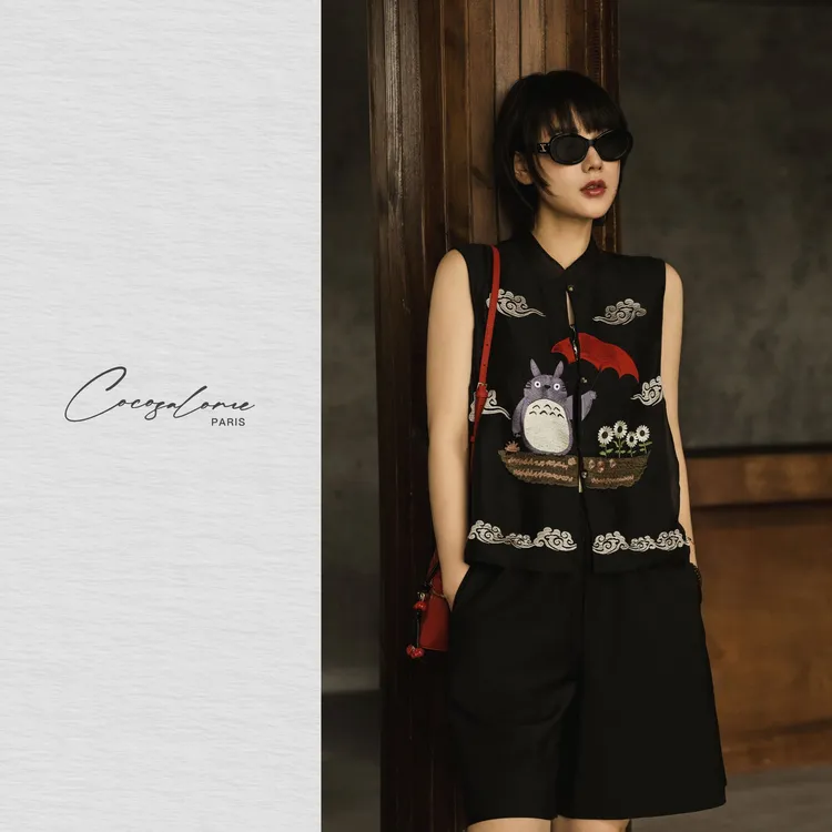 韩彬彬"龙猫马甲"100桑蚕丝龙猫刺绣夏季穿搭中式立领马甲1997