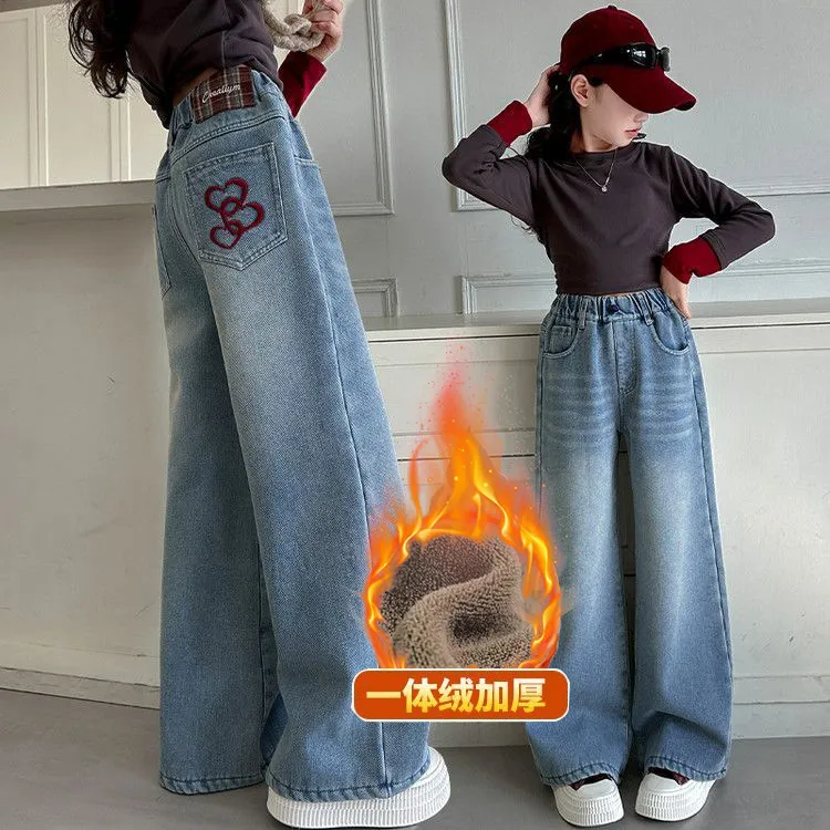 女童加绒裤子2025新款爆款洋气加厚一体绒冬季阔腿裤直筒裤中大童