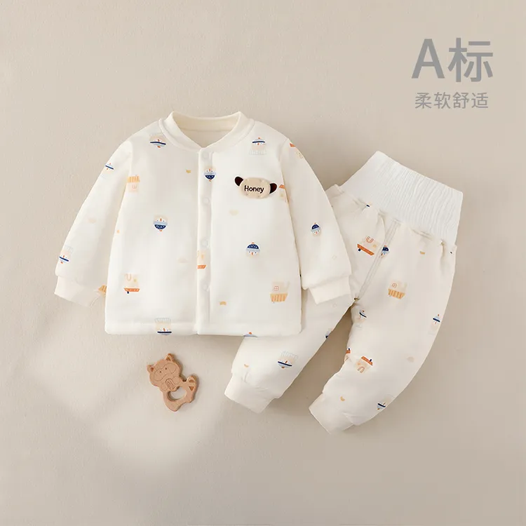 【萌】宝宝保暖套装秋冬季夹棉婴儿衣服儿童纯棉分体套装家居服高