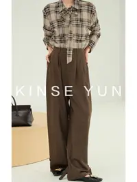 KINSE YUN 『束口裤』叠褶宽边可束口廓形格纹西装长裤QD6299