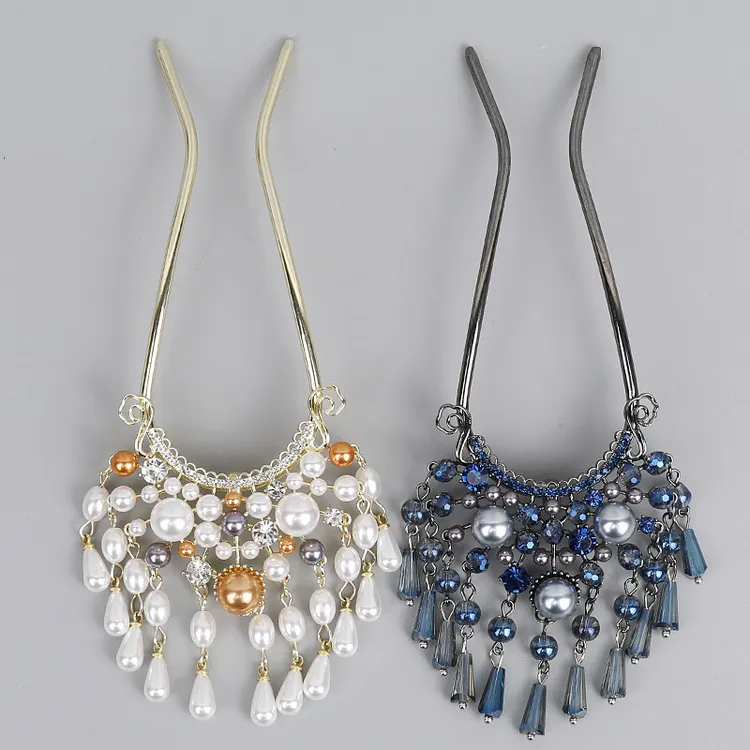 水晶流苏U型发簪手工女高级感扇形发钗簪子古风汉服头饰发饰批发