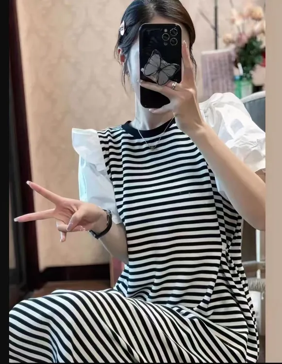 春夏条纹长裙拼接夏季H型连衣裙中长款黑白女装减龄041