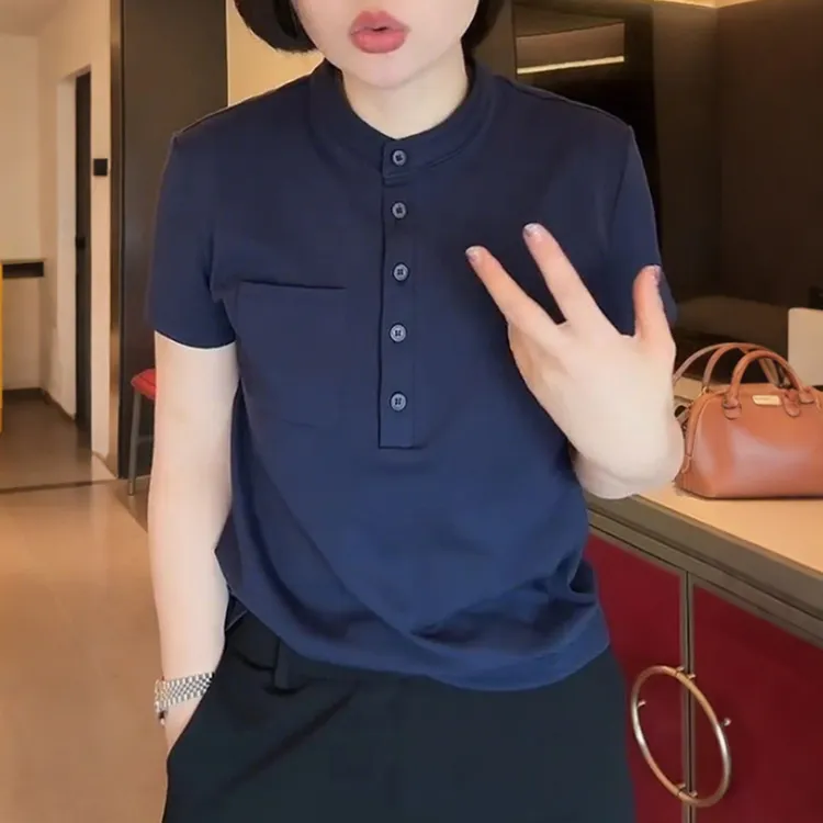 简约休闲立领短袖T恤女2025夏季新款设计感纯色口袋百搭显瘦上衣