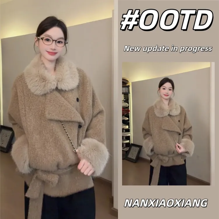 韩系穿搭毛领加厚外套女款爆款2025冬款外出轻奢洋气显瘦毛呢大衣