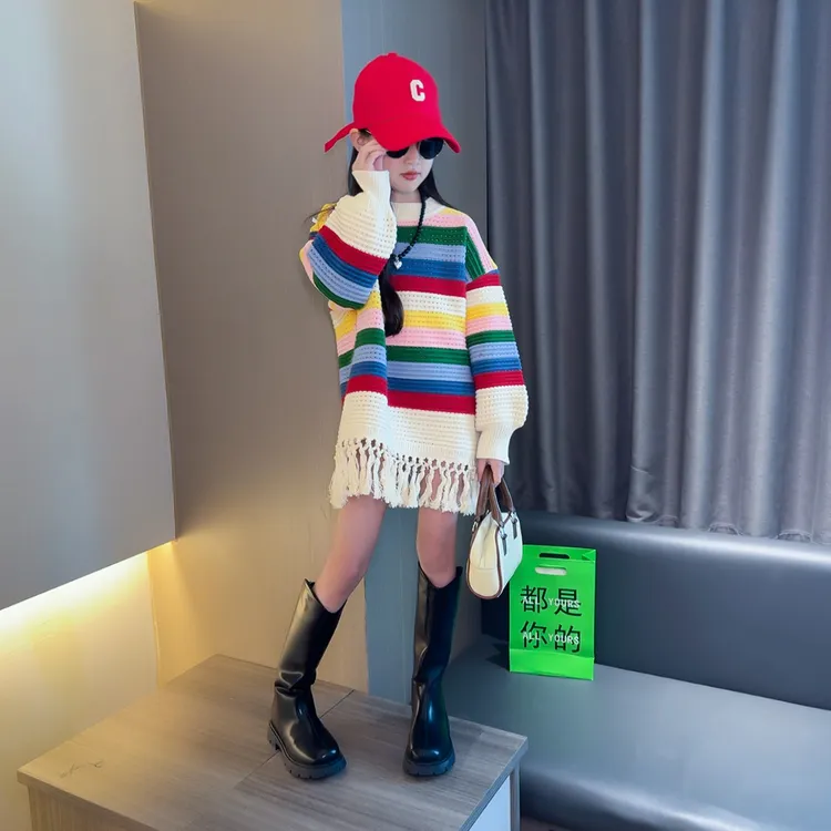 女童春秋款韩版中长款彩虹条纹毛衣中大童时髦洋气儿童秋装针织衫