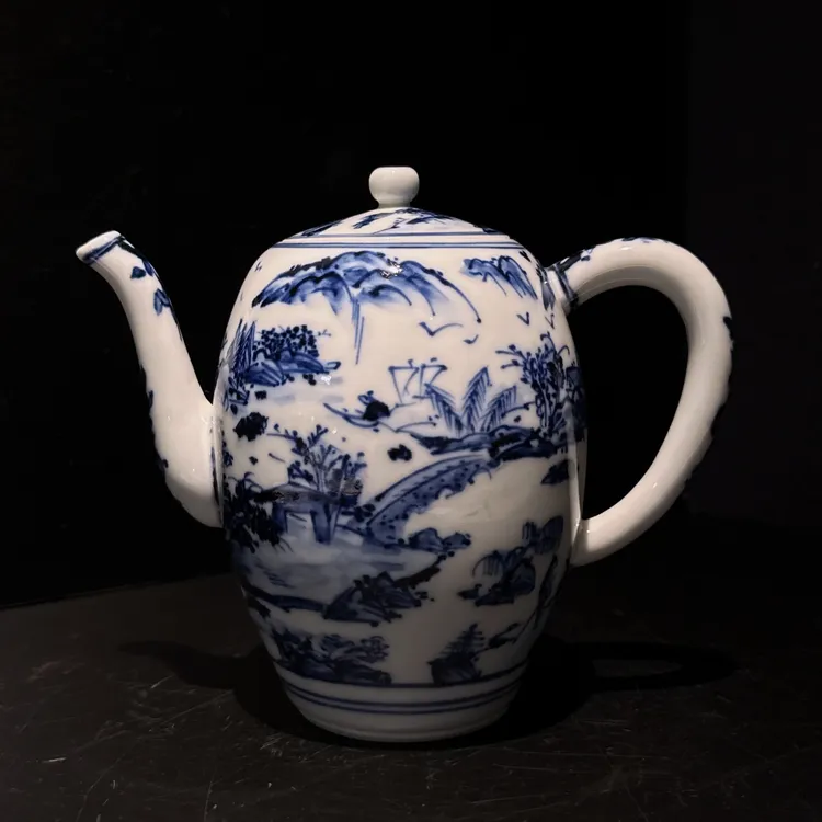 日本拍回，昭阿弥青花纯手工茶注，山水人物纹饰，胎釉细腻，600cc