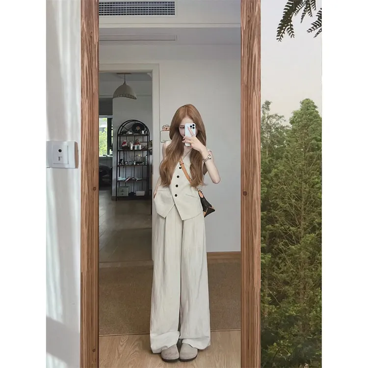 夏季小众设计感修身显瘦无袖通勤风上衣休闲宽松时尚百搭阔腿长裤