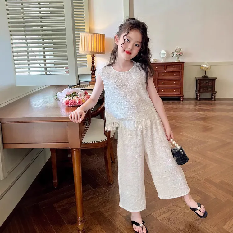 女童夏季韩版套装时尚洋气气质童装阔腿裤两件套休闲白色纯色夏装