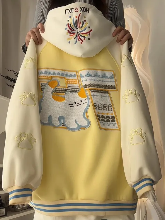 美式潮牌重工猫咪刺绣撞色棒球服外套女2025春秋新款开衫夹克上衣