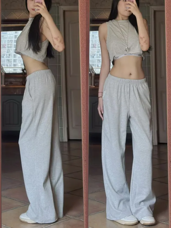 灰色短款背心简约休闲百搭上衣+灰色扣子卫裤