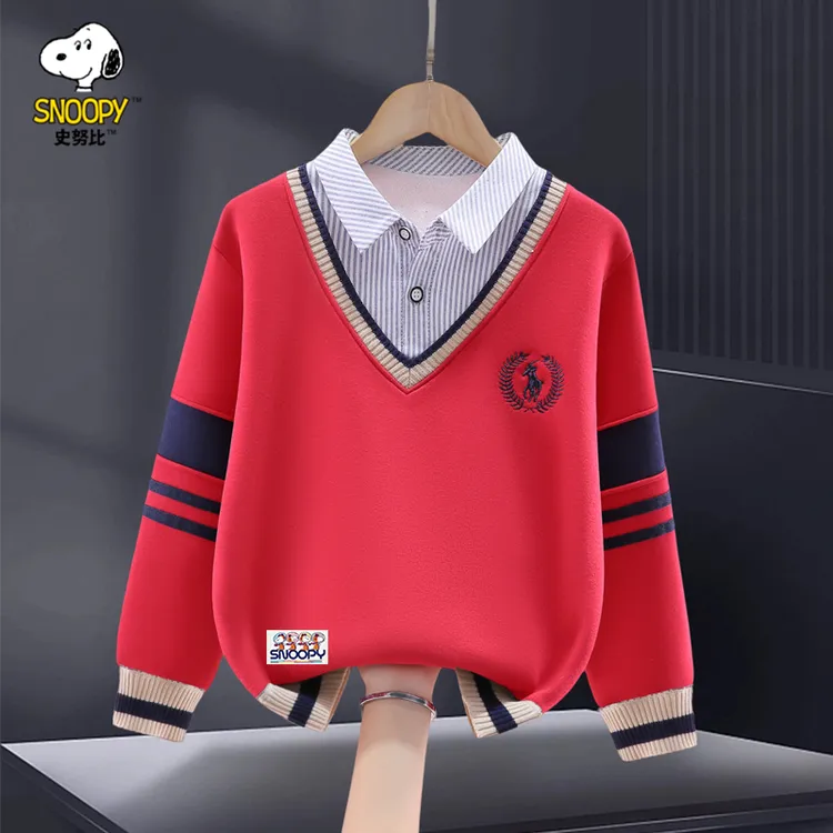 Snoopy/史努比男童加绒卫衣假两件秋冬中大童红色过年服保暖加厚