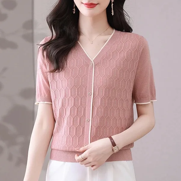 韩版提花格纹镂空冰丝短袖针织衫女新款夏季洋气减龄t恤时尚上衣