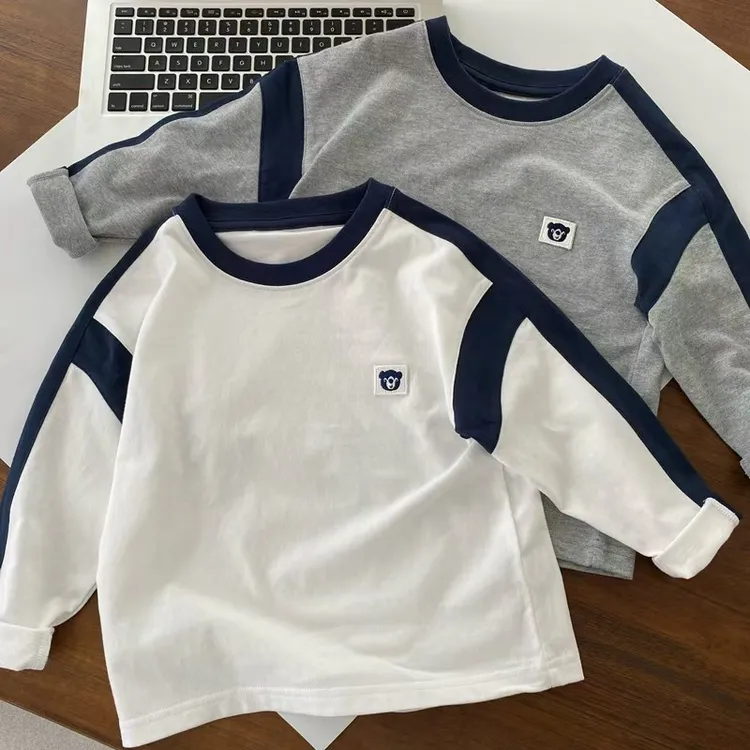 春秋季纯棉长袖撞色休闲百搭T恤新款圆领休闲儿童打底衫韩版上衣