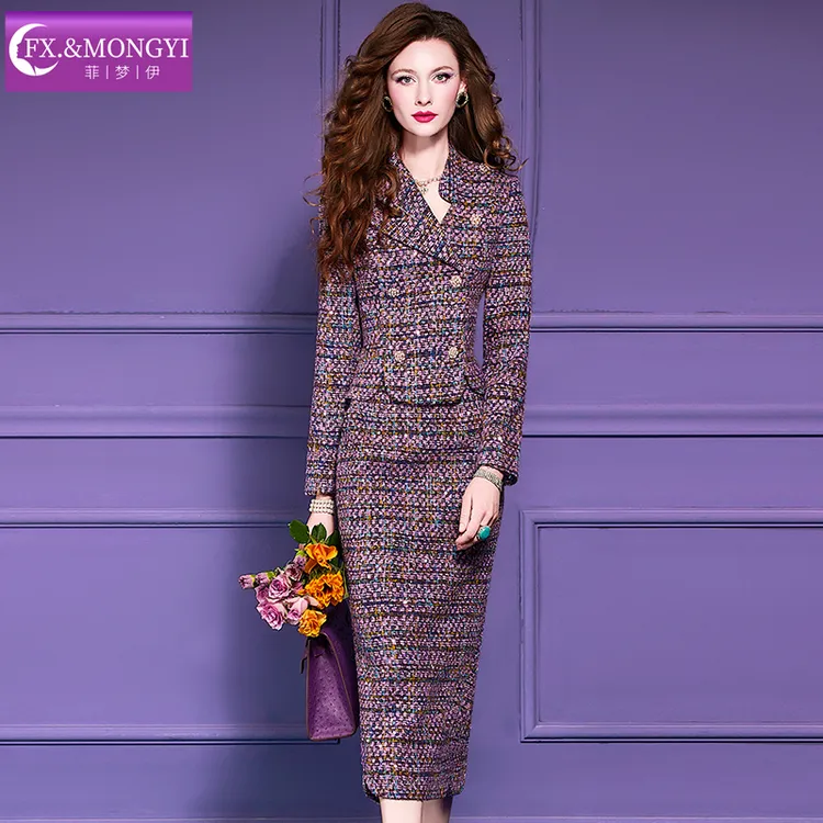 菲梦伊紫色小香风套装女冬季名媛高贵西装毛呢外套包臀半裙67685