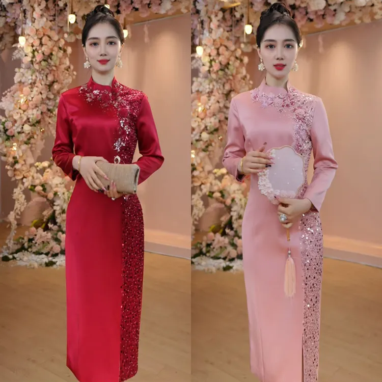 改良旗袍中国风时尚气质妈妈喜婆婆嫁女儿长袖钉珠减龄婚礼连衣裙