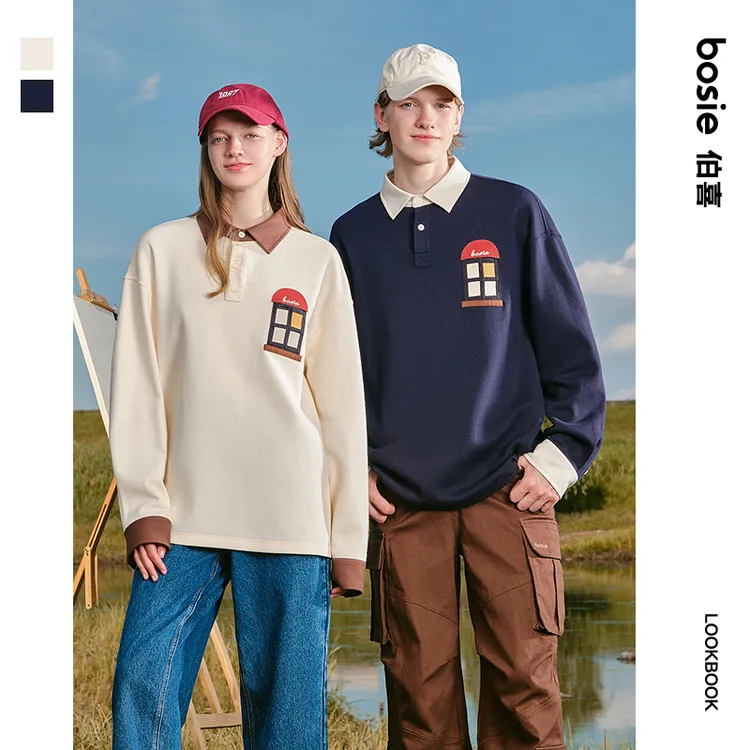 bosie伯喜2025年秋季小房子拼接撞色领长袖polo衫休闲外套潮