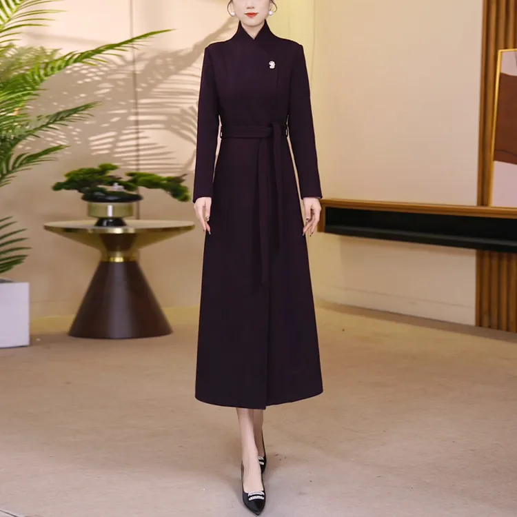 冬季紫色立领修身显瘦气质加厚长款毛呢大衣25188