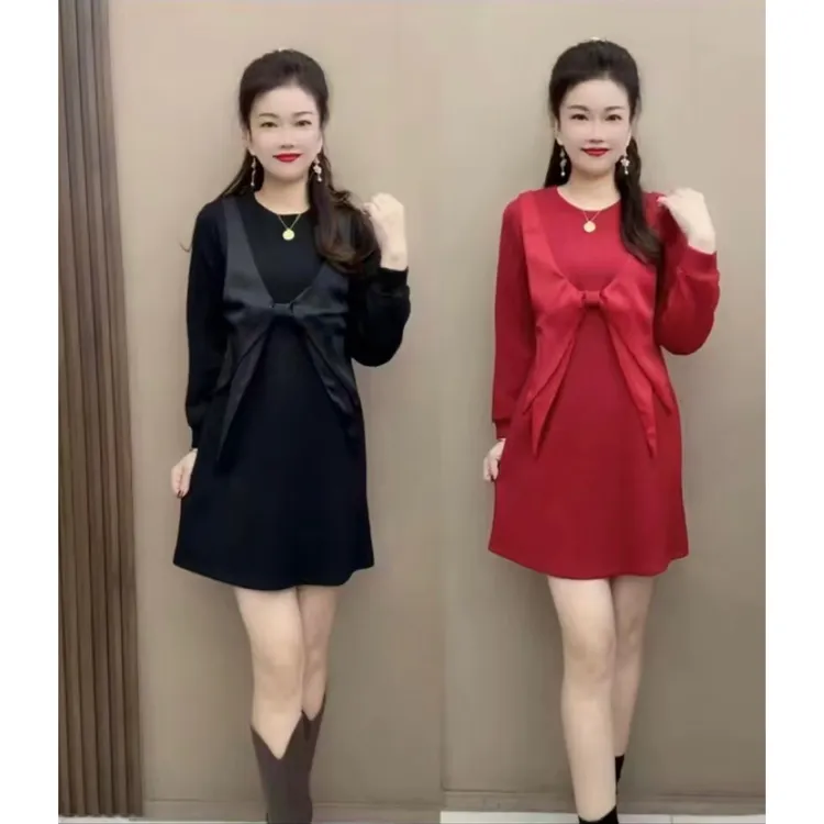2025新年款时尚减龄冬季a字裙遮肚子显瘦蝴蝶结时尚妈妈款连衣裙