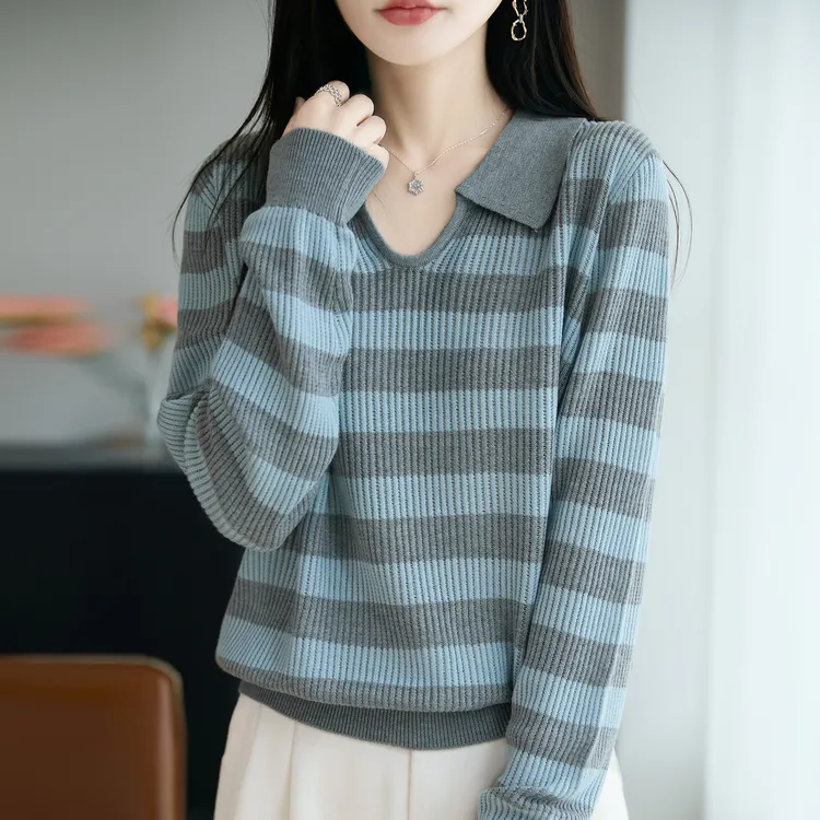 微胖mm春秋大码娃娃领女士毛衣遮肚子显瘦条纹上衣内搭针织打底衫