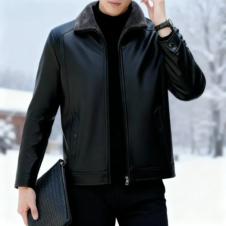【加绒加厚】专柜男士百搭休闲外套冬季舒适保暖宽松翻领皮衣皮夹克