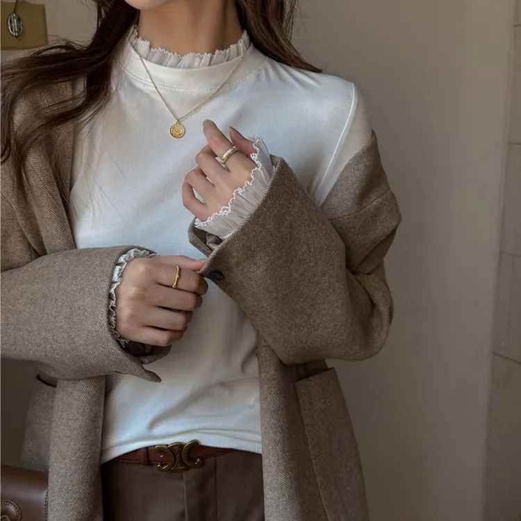 2025秋冬新款花边立领长袖t恤女内搭设计高级感打底衫可外穿上衣