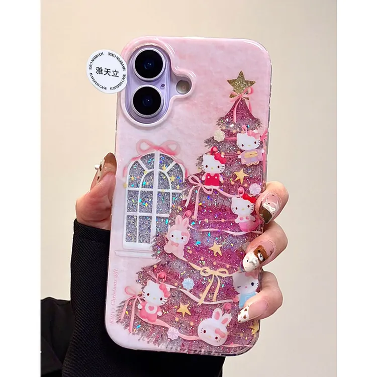 雅天立粉色凯蒂圣诞树适用iPhone16pro滴胶闪粉手机壳苹果15/14女