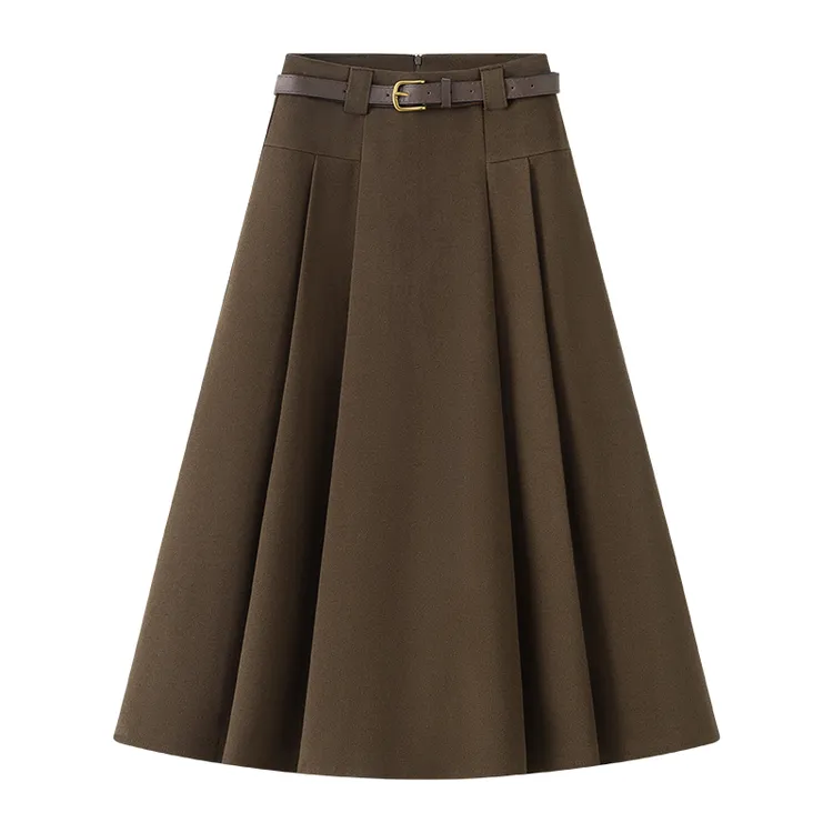 艾格春秋咖色毛呢半身裙女冬2025年新款高腰中长款百褶裙时尚伞裙