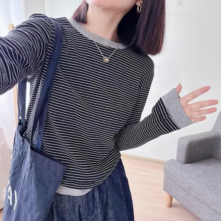 2025秋冬双面绒上新假两件双面磨毛超柔条纹正肩长袖撞色保暖穿搭