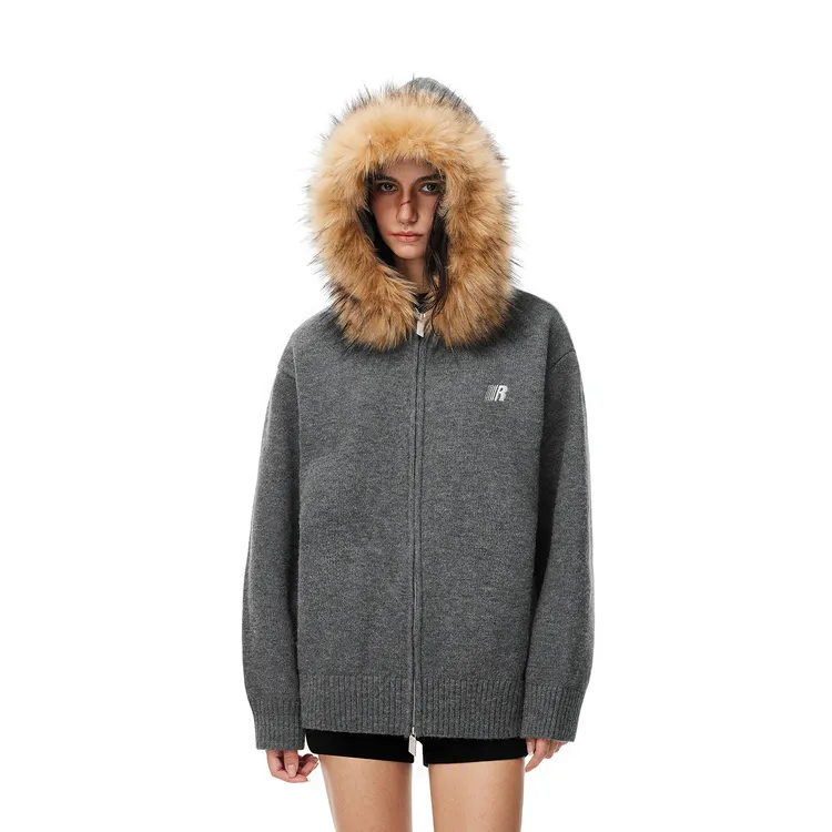 FDR秋冬美式情侣厚连帽针织衫保暖长袖可拆卸毛领开衫毛衣外套男