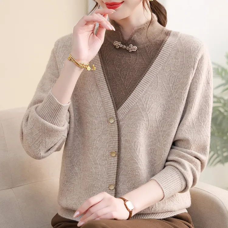 中老年妈妈装旗袍领保暖打底衫加绒加厚25207新款秋冬毛衣洋气