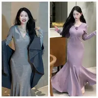 LHMknk1画报夫人原创自制秋冬温柔针织连衣裙紫色 灰色步步生莲