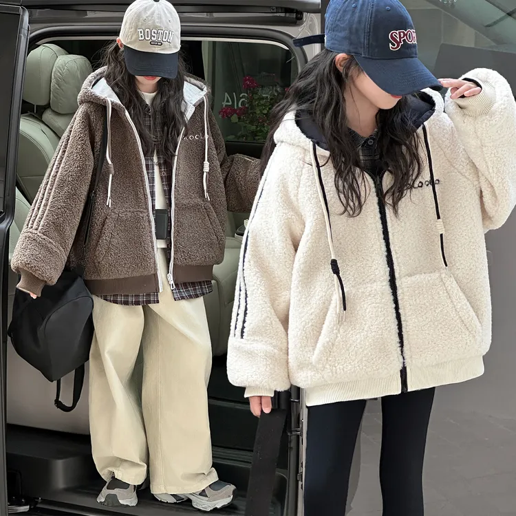 女童秋冬加厚连帽毛毛衣外套2025新款6-12岁小女孩时尚保暖上衣