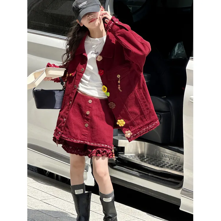 K29841孙小美重工钩花女童红色牛仔套装2025新款秋装儿童两件套潮