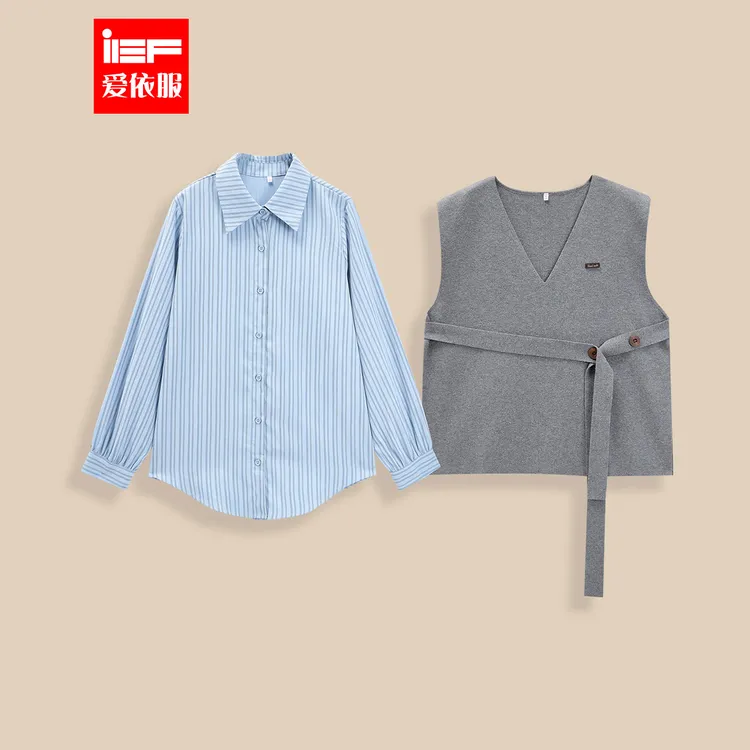IEF/爱依服2025秋冬新款韩版文艺休闲通勤百搭毛织衬衫两件套上衣