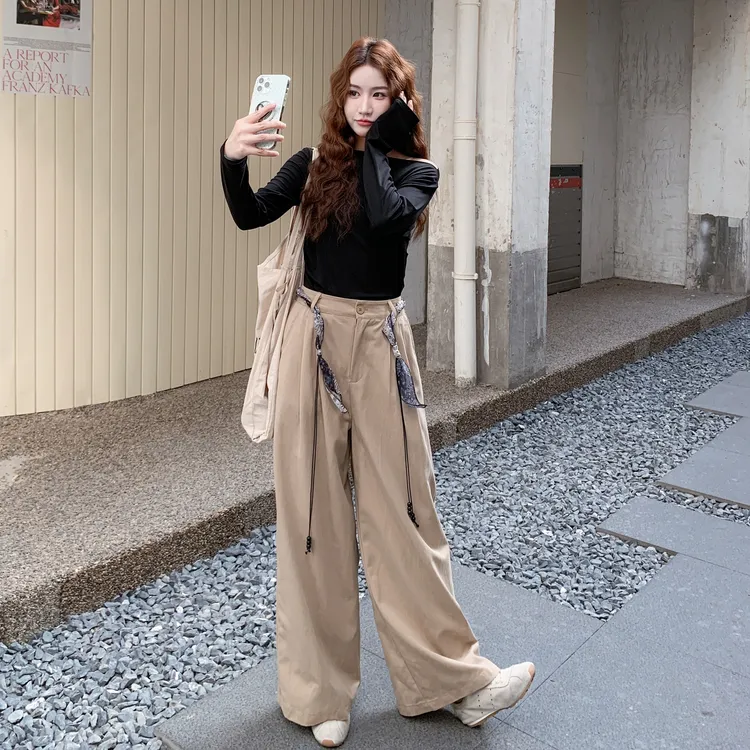 韩系斜肩飒姐长袖T恤阔腿裤休闲套装女2025年秋季简约气质两件套