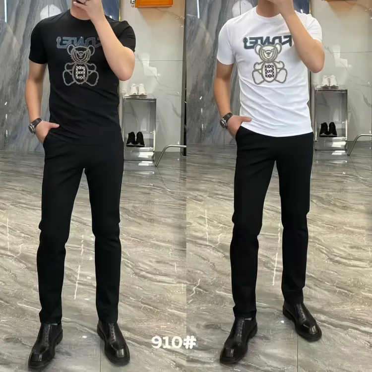 男士夏季修身弹力高品质轻奢烫钻欧货圆领短袖Y-910