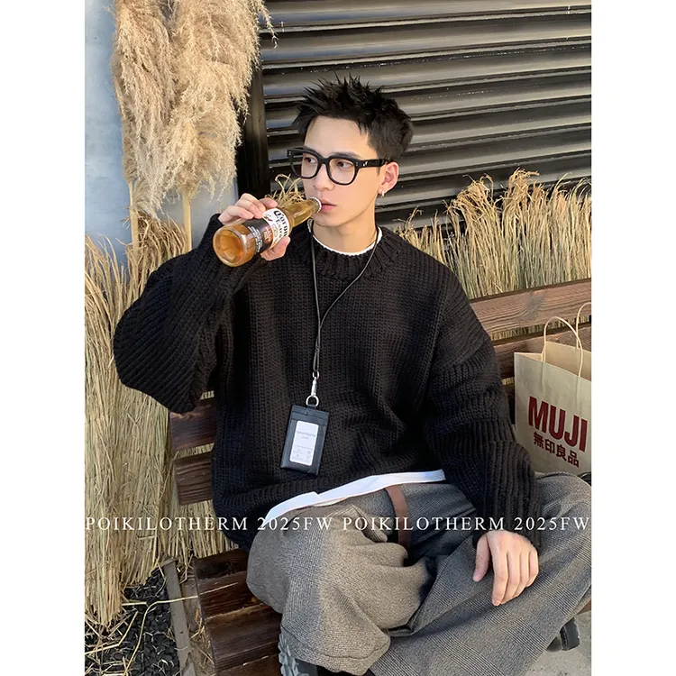 PLTH*美式复古重磅手工编制圆领毛衣男cleanfit慵懒加厚粗针织衫