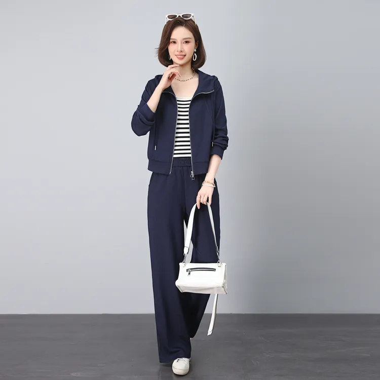 休闲时尚气质套装女秋季新款2025中年妈妈装宽松纯色直筒裤两件套