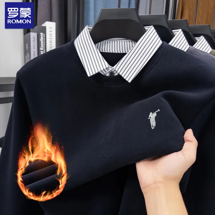 罗蒙【高品质含绵羊毛】男士加绒加厚假两件上装冬季新款刺绣上衣潮