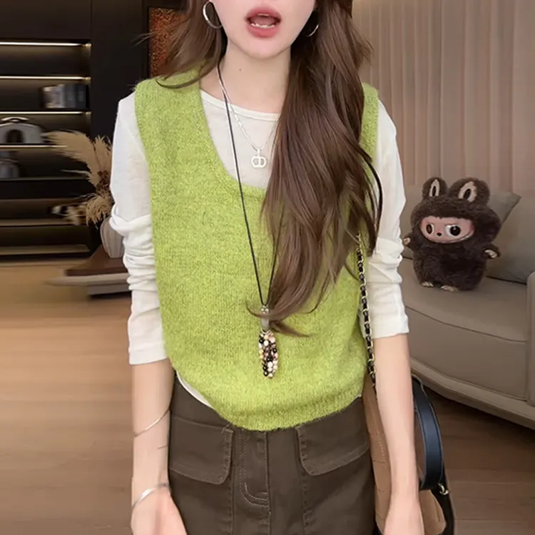 纯欲慵懒风减龄套装女2026春秋新款长袖打底衫针织无袖马甲两件套