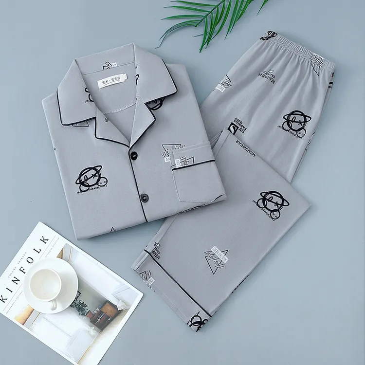 纯棉春秋季男士睡衣长袖青年薄款家居服全棉夏季短袖可外出家居服