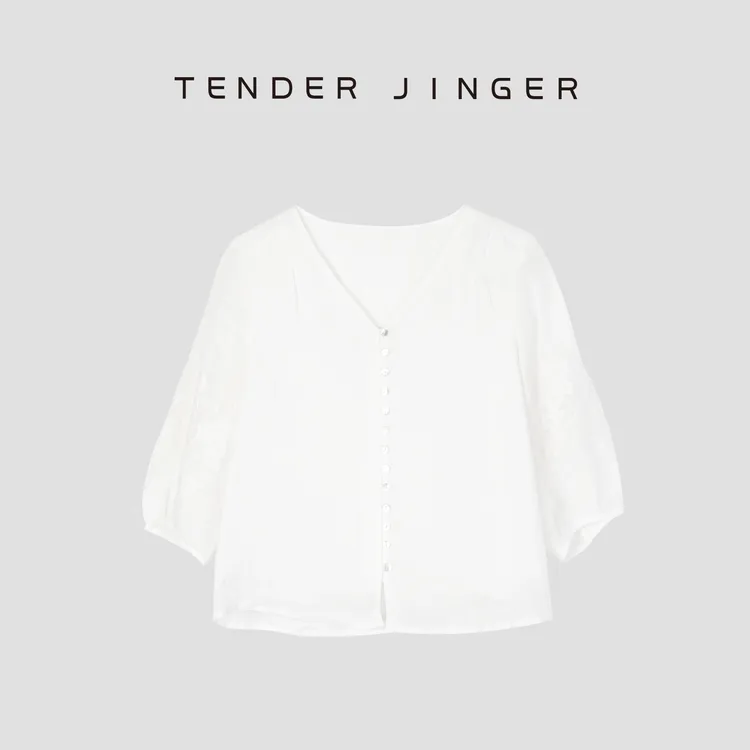 Tender Jinger【黑标】V领七分袖苎麻小衫T52LAN80448